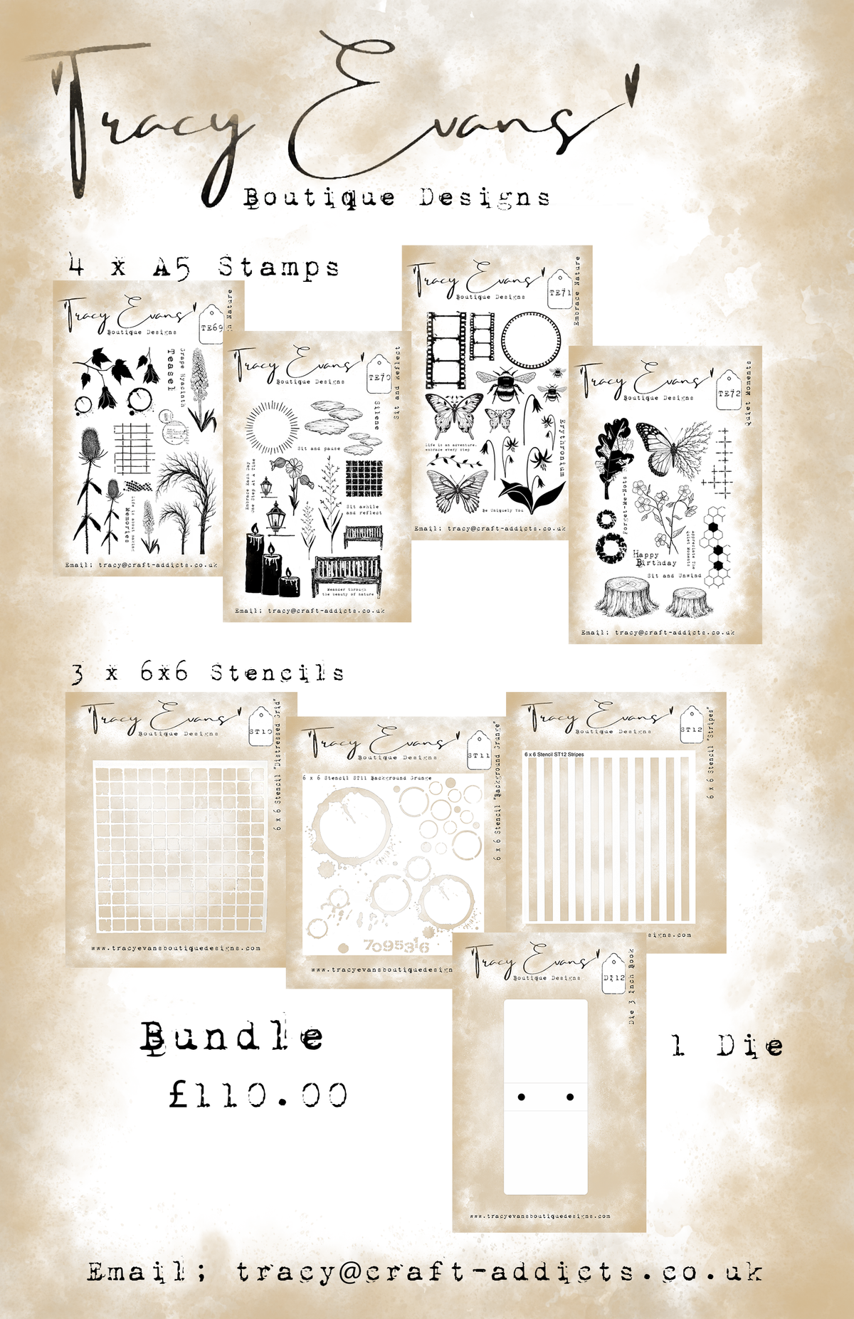 B030 - Bundle of Stamps and Stencils TE69, TE70, TE71, TE72 plus ST10, ST11, ST12 and DI12