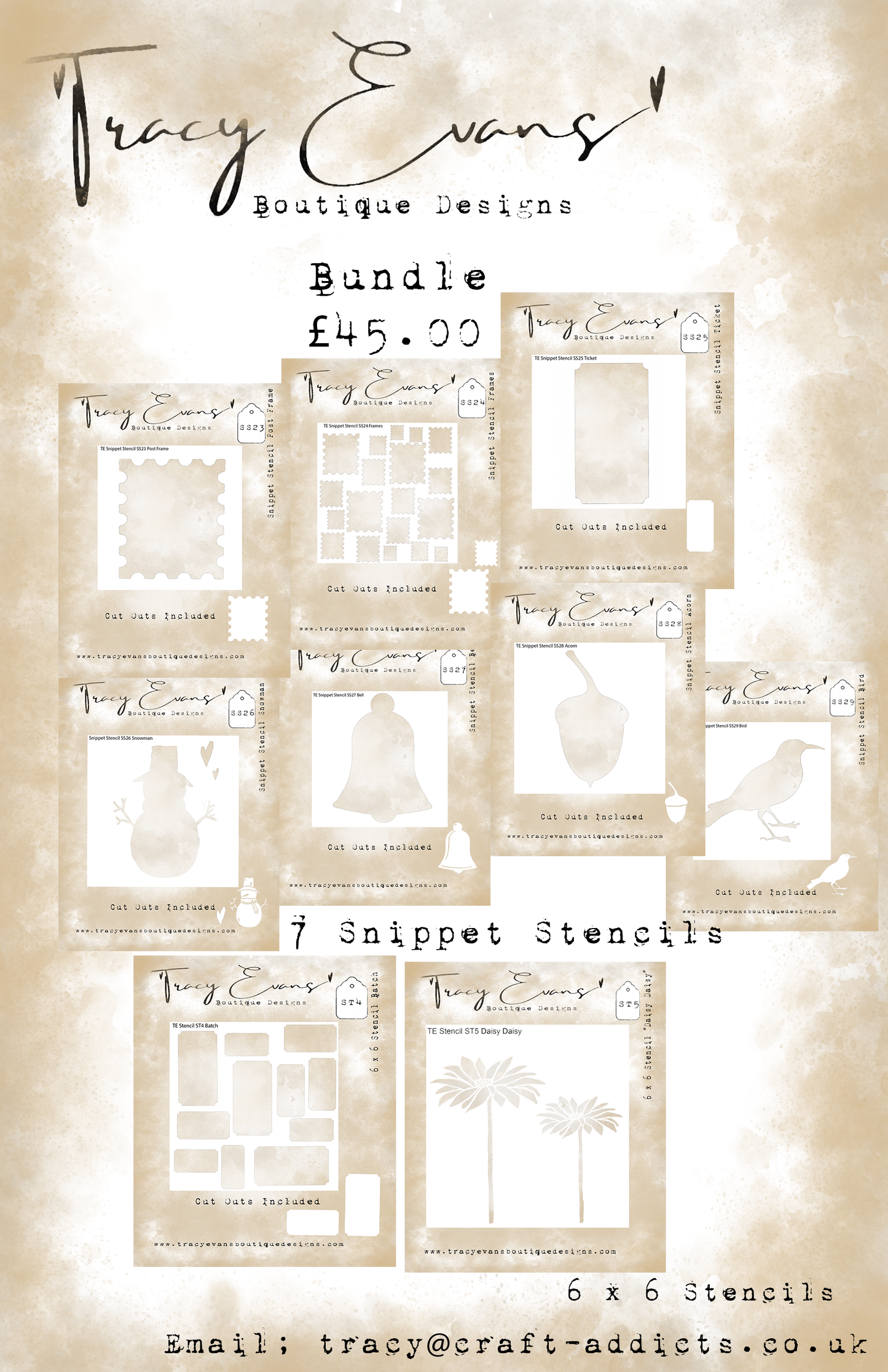 B018 - Bundle of Stencils SS23-SS29 plus ST4 Batch and ST5 Daisy Daisy 6 x 6 Stencils