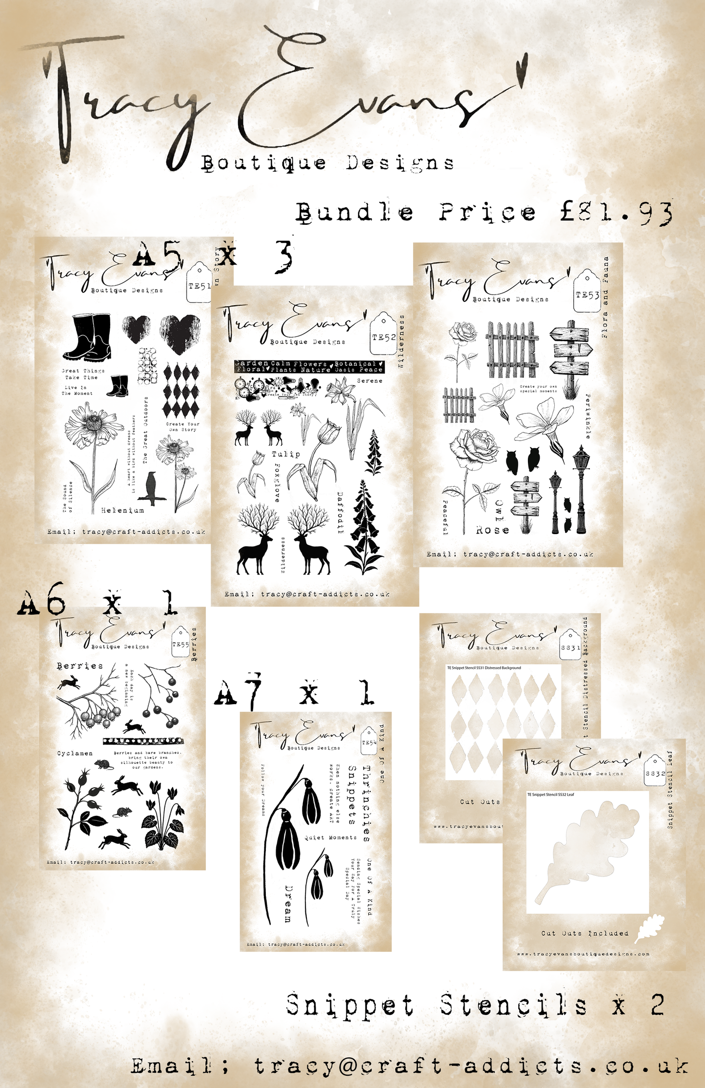 B020 - Bundle of Stamps TE51-TE55 Plus Snippet Stencils SS31 and SS32