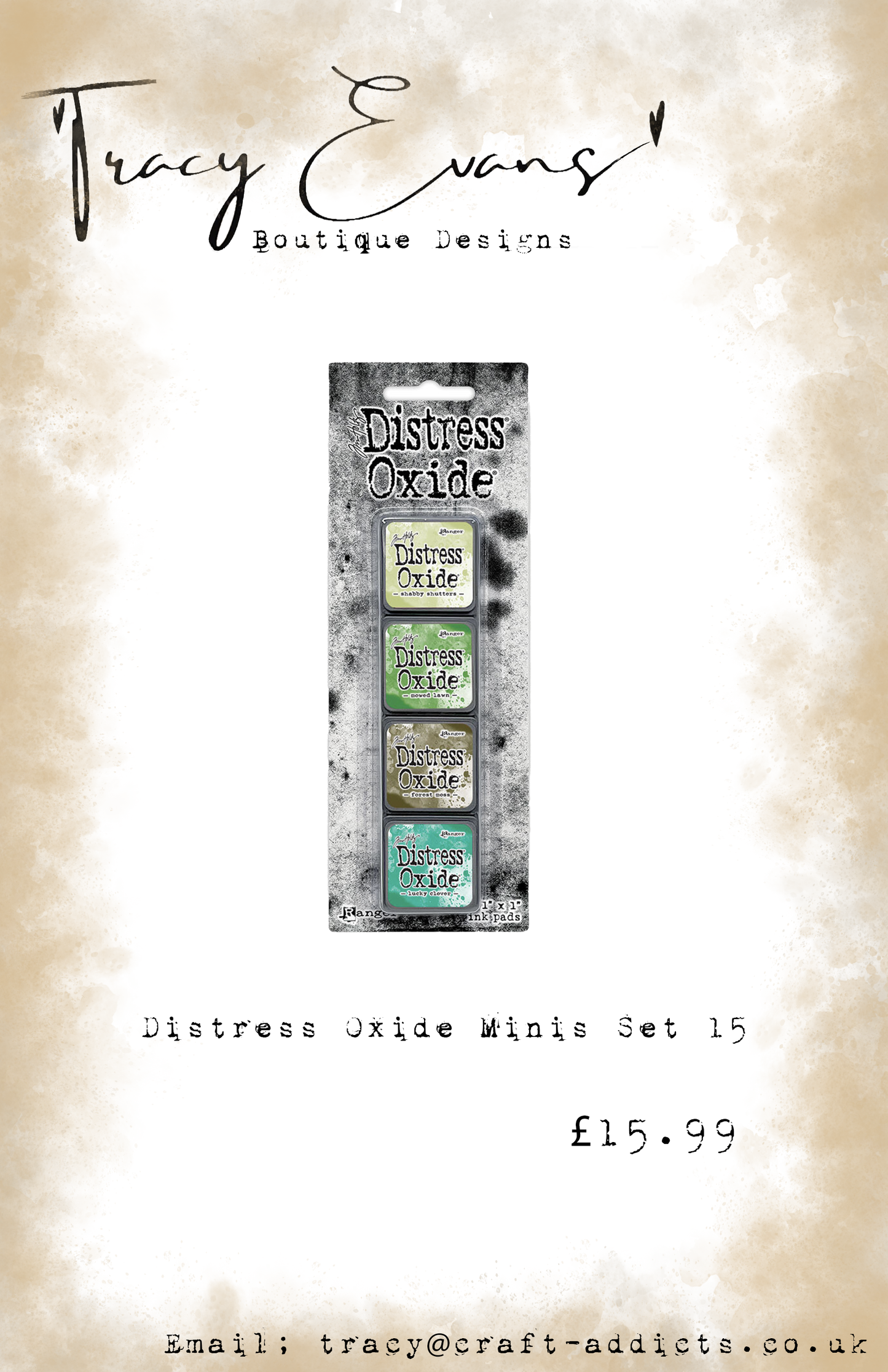 DI074 - Mini Distress Oxide Pad Kit 15 - Shabby Shutters, Mowed Lawn, Forest Moss, Lucky Clover