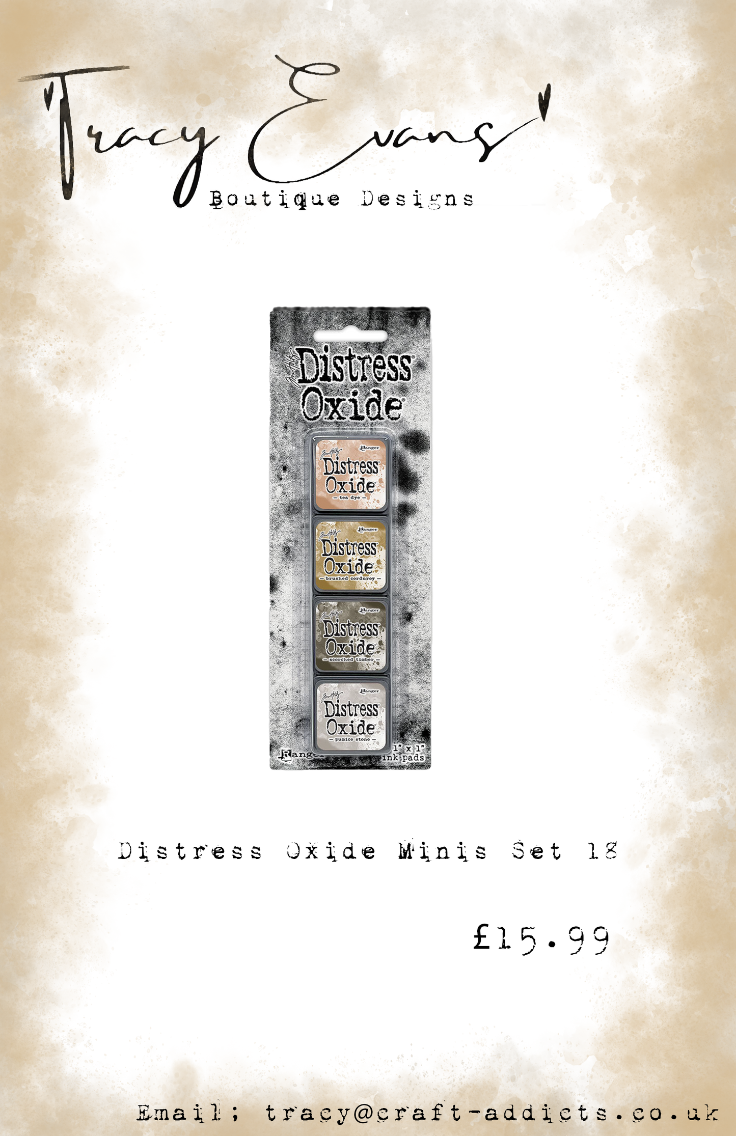 DI077 - Mini Distress Oxide Pad Kit 18 - Tea dye, Brushed Corduroy, Scorched Timber, Pumice Stone