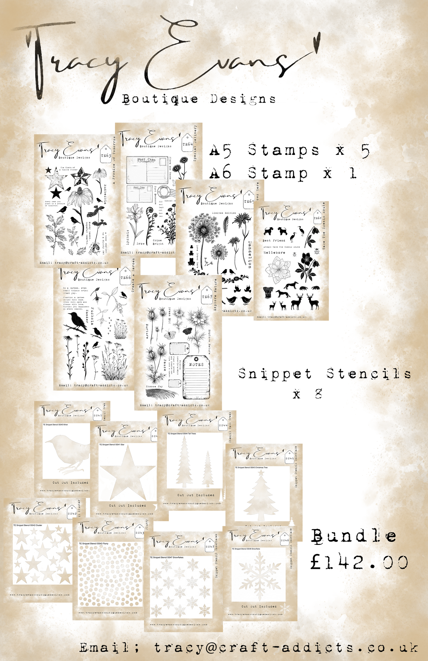 B028 - Bundle of Stamps and Stencils TE63, TE64, TE65, TE66, TE67, TE69 plus SS40-SS47