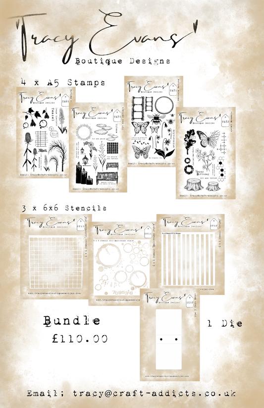 B030 - Bundle of Stamps and Stencils TE69, TE70, TE71, TE72 plus ST10, ST11, ST12 and Die DI12