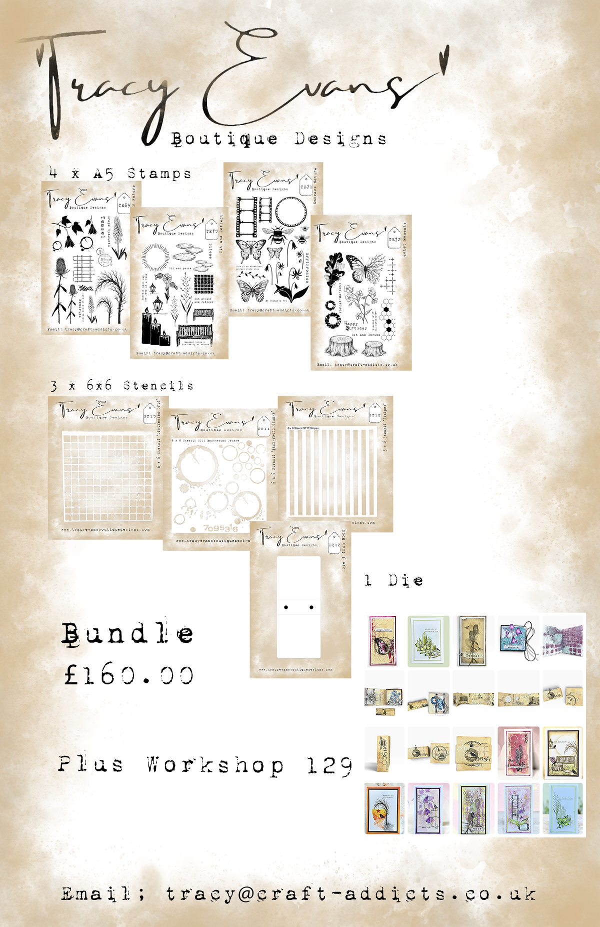 B031 - Bundle of Stamps and Stencils TE69, TE70, TE71, TE72 plus ST10, ST11, ST12, plus Die DI12 plus Workshop 129