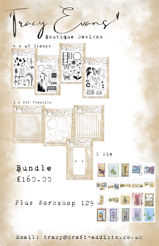 B031 - Bundle of Stamps and Stencils TE69, TE70, TE71, TE72 plus ST10, ST11, ST12, plus Die DI12 plus Workshop 129