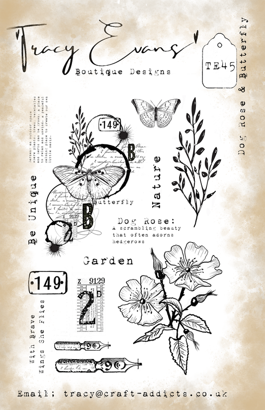 TE045 - Dog Rose & Butterfly  (A5 Stamp)