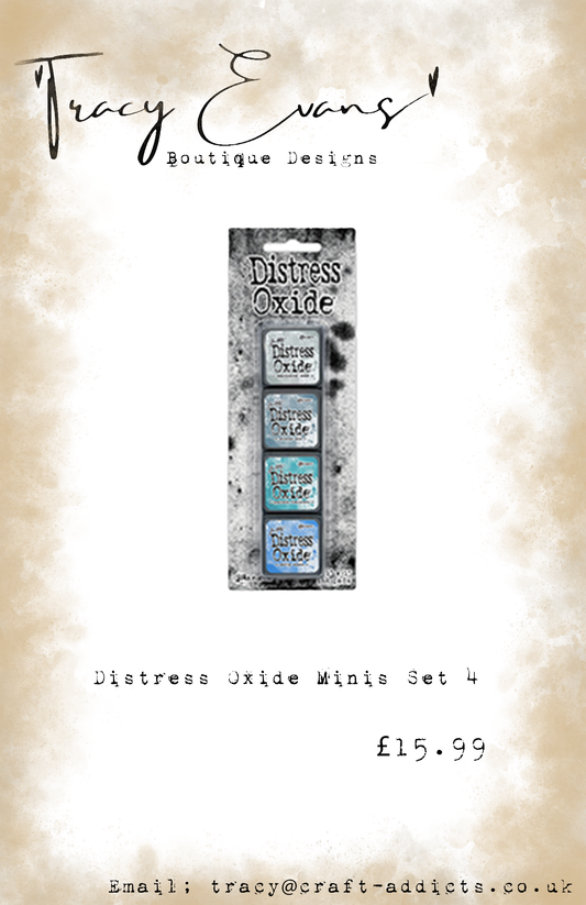 DI052 - Mini Distress Oxide Pad Kit 4 -  Weathered Wood, Stormy Sky, Peacock Feathers, Salty Ocean