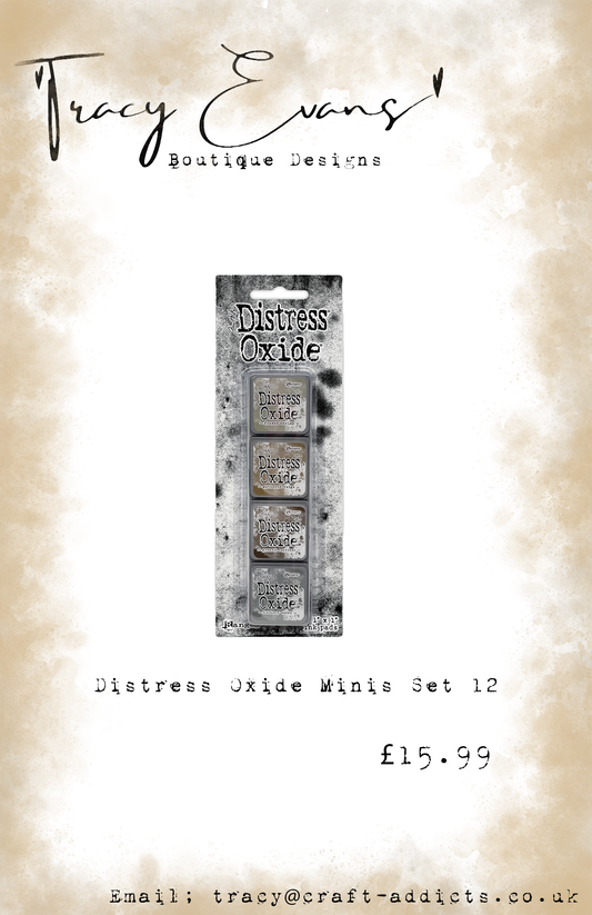 DI068 - Mini Distress Oxide Pad Kit 12 -  Frayed Burlap, Gathered Twigs, Ground Espresso,  Hickory Smoke