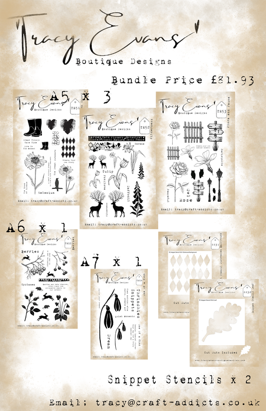 B020 - Bundle of Stamps TE51-TE55 Plus Snippet Stencils SS31 and SS32