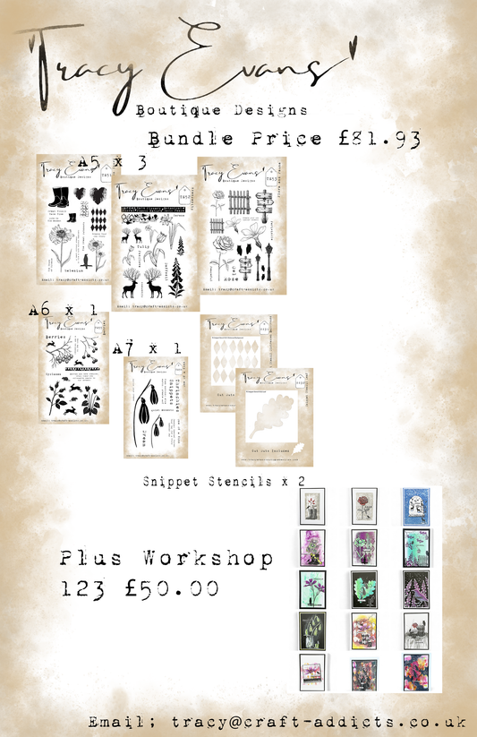 B021 - Bundle of Stamps TE51-TE55 Plus Snippet Stencils SS31 and SS32 plus Workshop 123