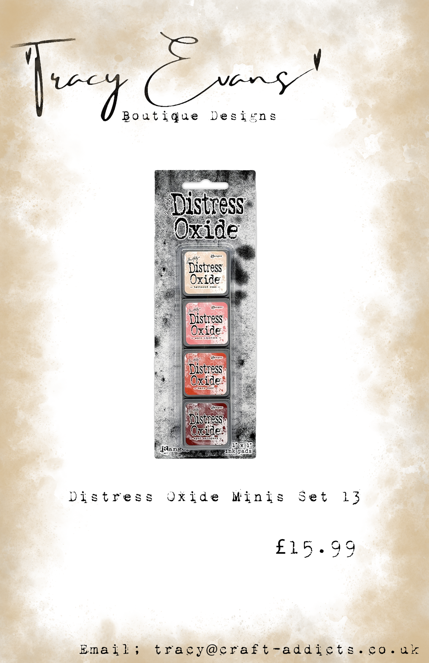 DI072 - Mini Distress Oxide Pad Kit 13 - Tattered Rose, Worn Lipstick, Barn Door, Aged Mahogany