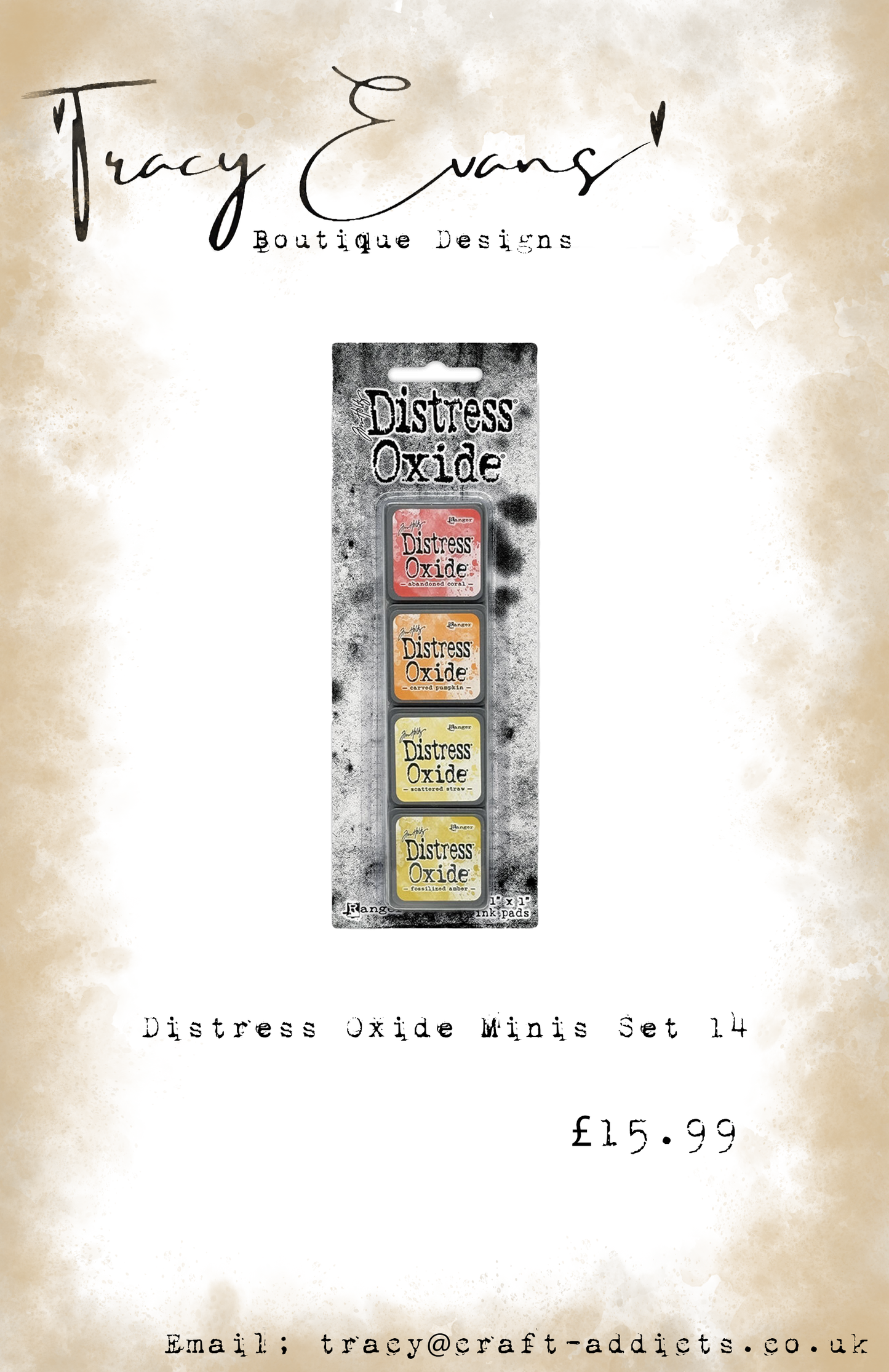 DI073 - Mini Distress Oxide Pad Kit 14 - Abandoned Coral, Carved Pumpkin, Scattered Straw, Fossilized Amber