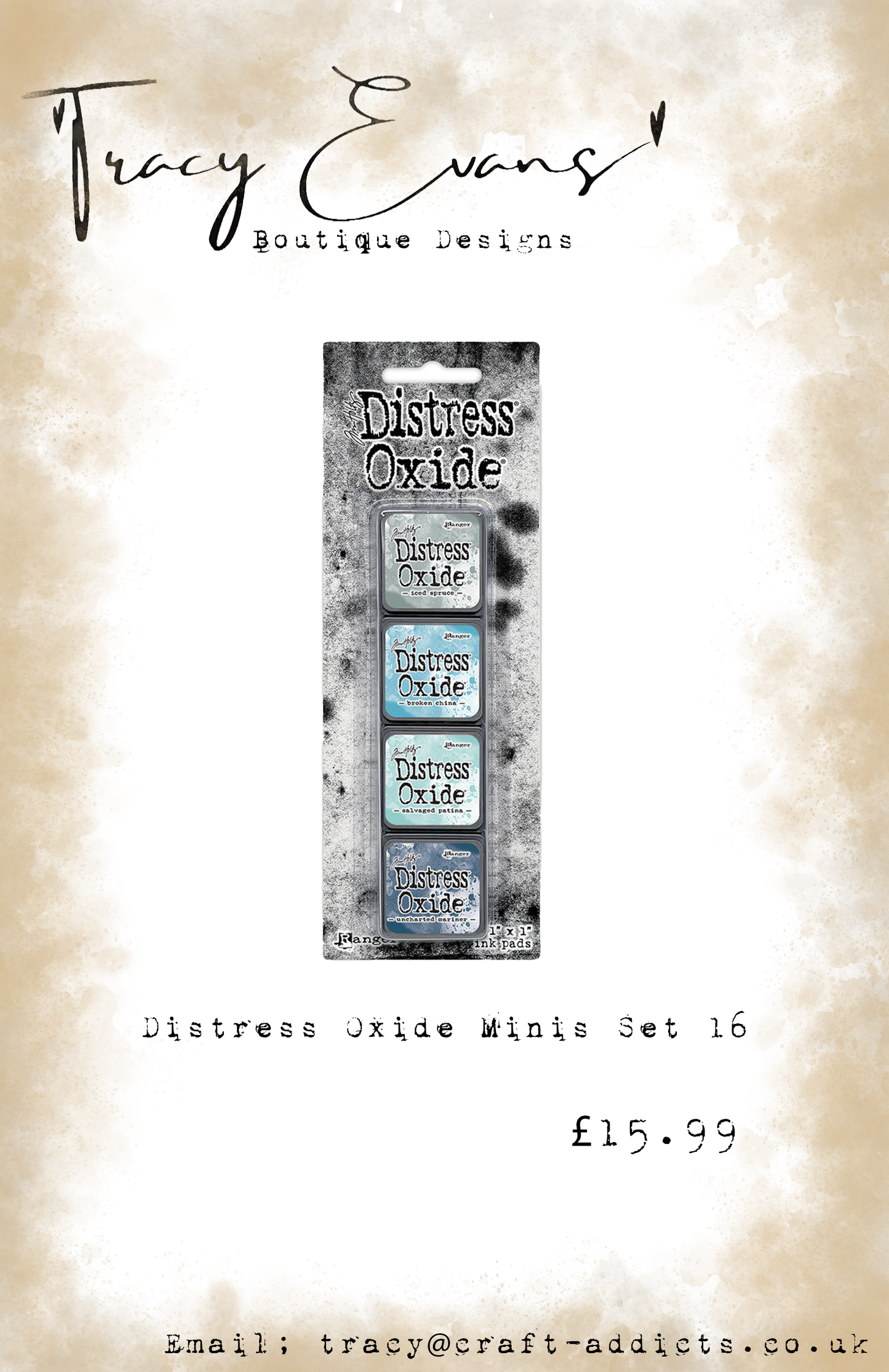 DI075 - Mini Distress Oxide Pad Kit 16 - Iced Spruce, Broken China, Salvaged Patina, Uncharted Mariner