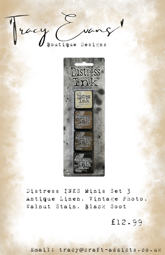 DI090 - Mini Distress INK Pad Kit 18 - Antique Linen, Vintage Photo, Walnut Stain, Black Soot